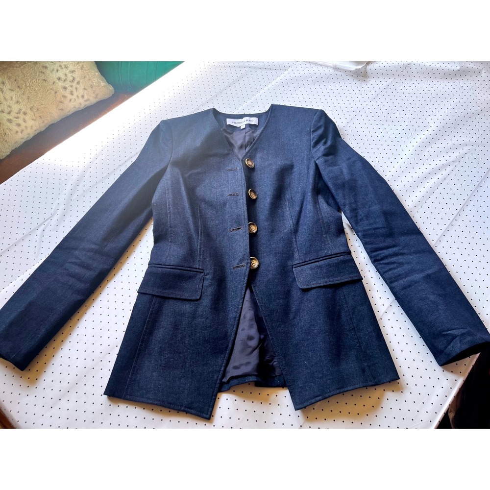 Veronica Beard Size 6 Denim Blazer Dark Indigo Gold Trim Tortoise Button Jacket